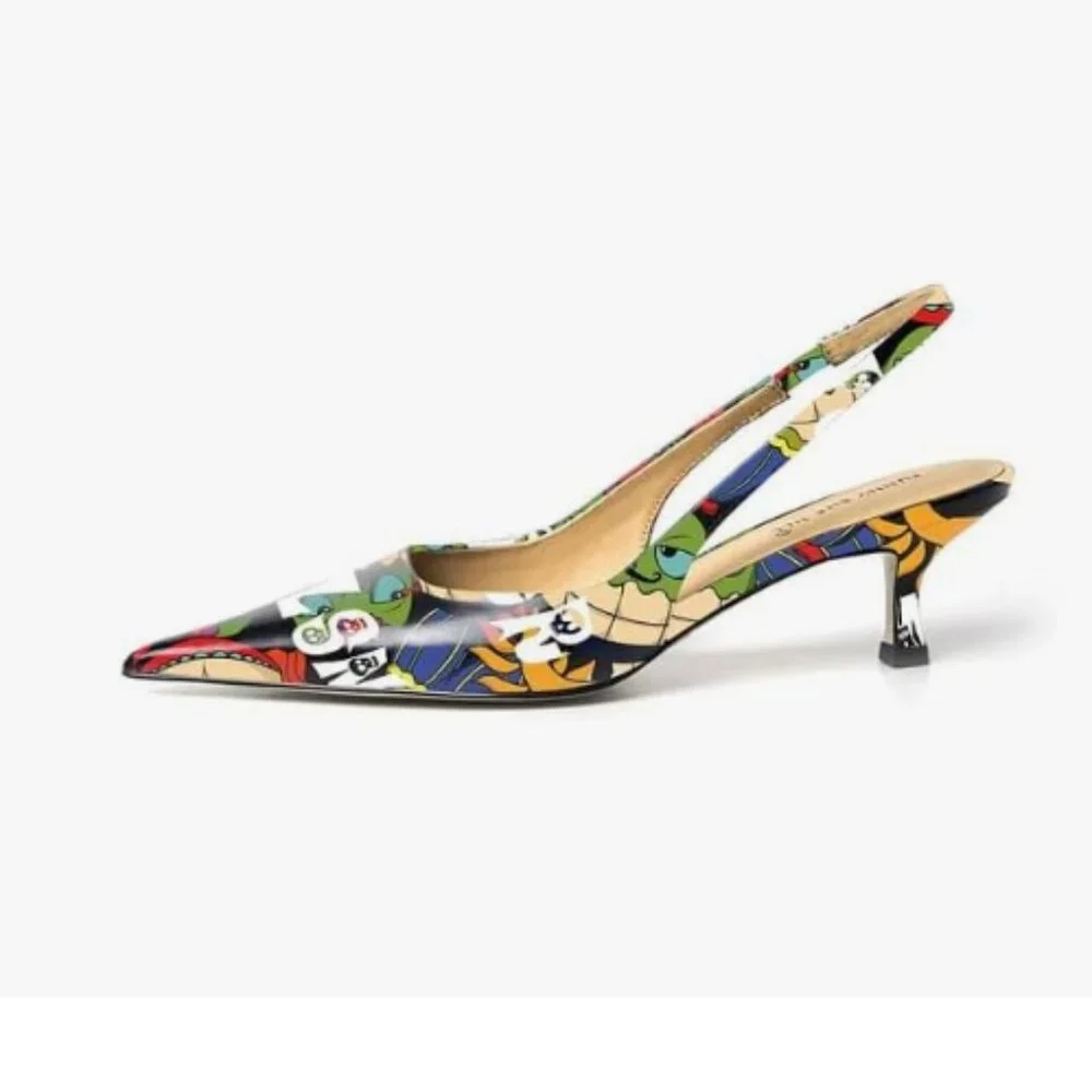 FSJ Cartoon Kitten Heel Slingback Sandals Pointy Toe Sexy Pumps Party Shoes